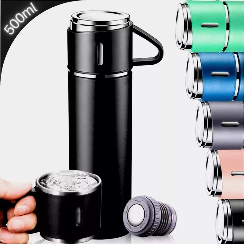 Conjunto de Garrafa Térmica a Vácuo em Aço Inox( 500 ml) e 3 Canecas