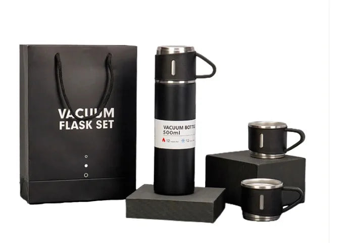 Conjunto de Garrafa Térmica a Vácuo em Aço Inox( 500 ml) e 3 Canecas