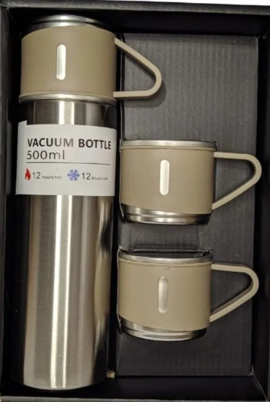 Conjunto de Garrafa Térmica a Vácuo em Aço Inox( 500 ml) e 3 Canecas