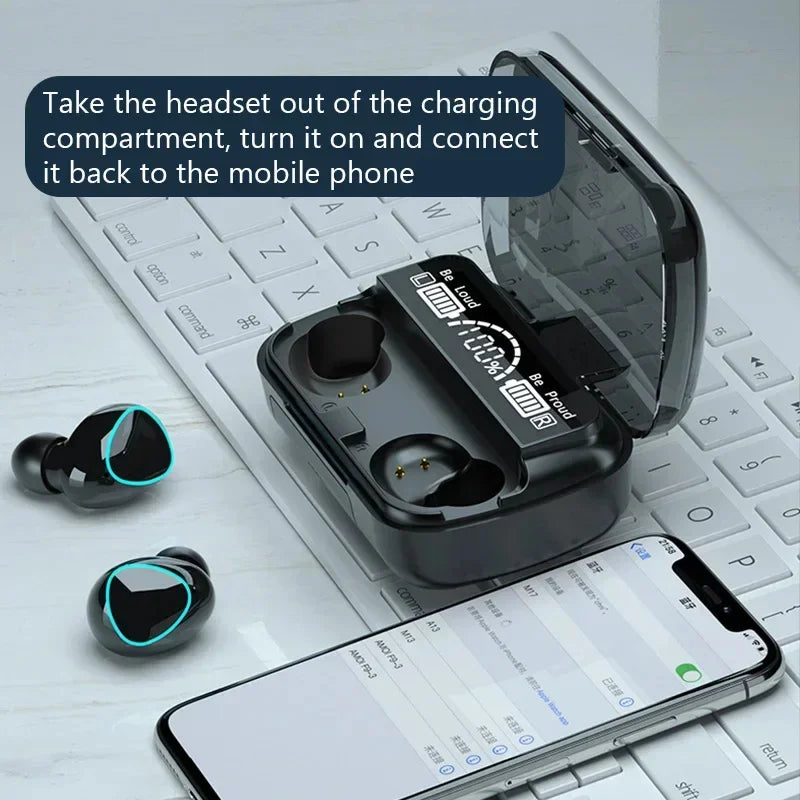 Fones de ouvido sem fio com Bluetooth M10 com Microfone, Caixa de Carregador , Tela de exibição LED