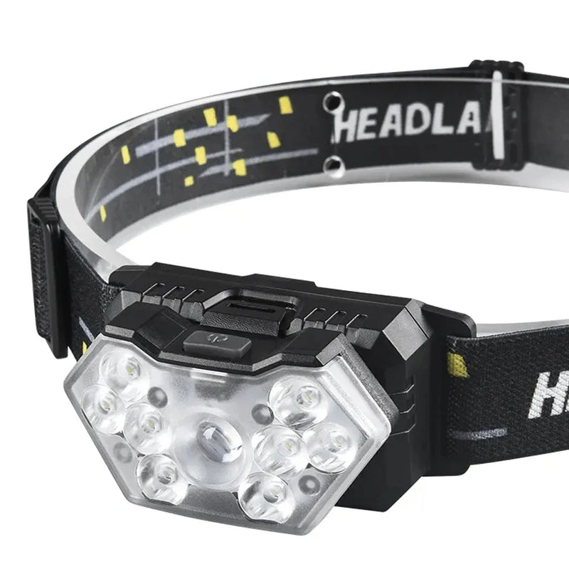Lanterna de cabeça com 9 LEDs, recarregável , com sensor de movimentoe a prova D`agua